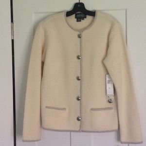 Cream lambswool jacket trimmed in gray